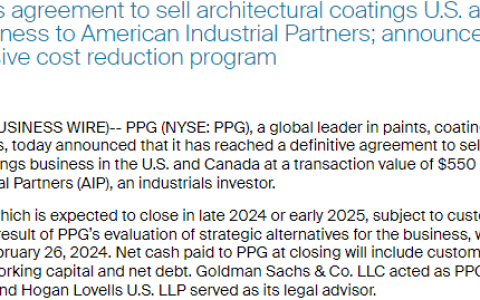 39亿元卖了！ PPG年收入142亿元的涂料业务卖给了谁?