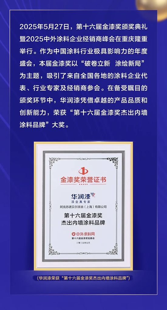 华润漆斩获第十六届金漆奖杰出内墙涂料品牌