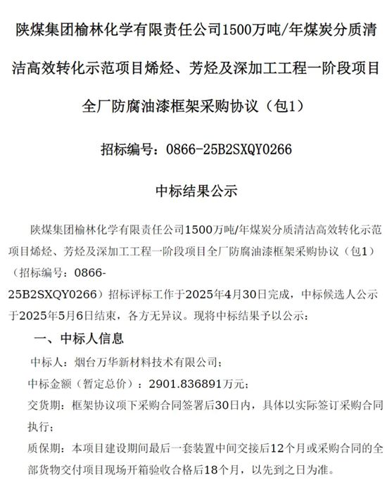 596万KG防腐涂料护航！陕煤1500万吨煤化工项目招标揭晓