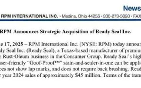 RPM再出手！收购年销3.2亿的高端品牌
