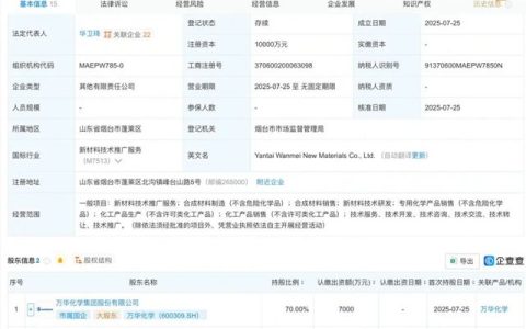 注资1亿！万华化学+国资巨头联手，烟台新公司落地