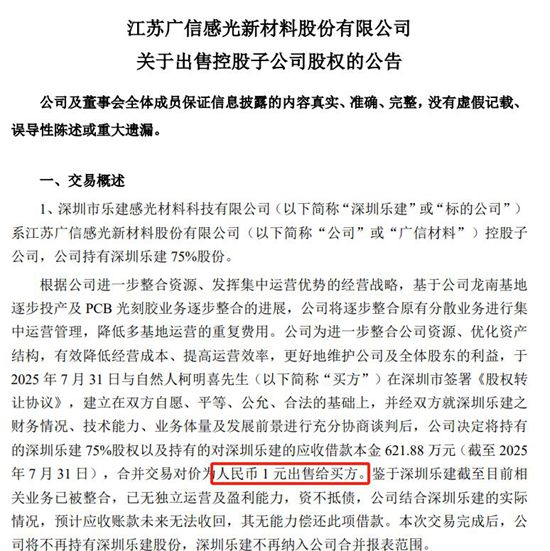 上市公司子公司75%股权+621万债权，只卖1块钱，背后的精明算计