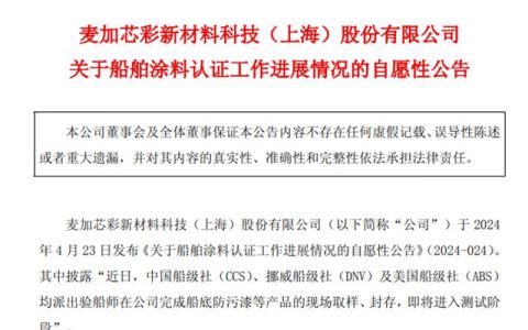 拿下中国船级社认可证书！麦加芯彩啃下船舶涂料硬骨头