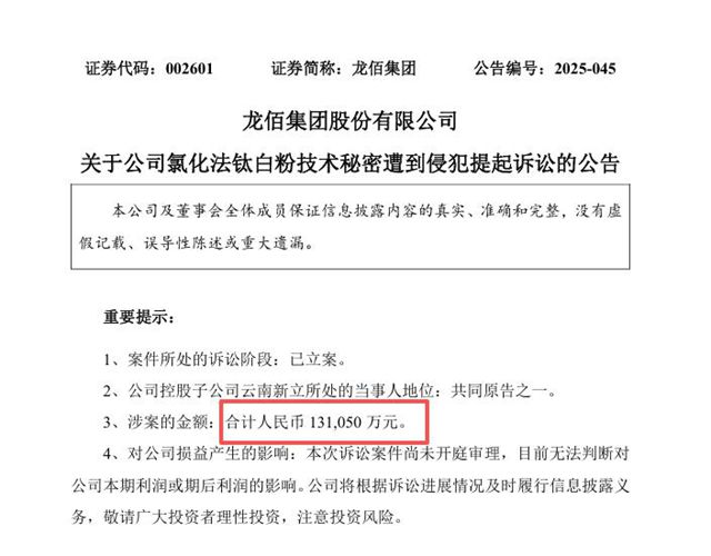索赔13亿！龙佰集团爆出“内鬼”窃密大案