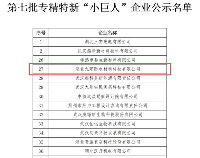 九阳防水被认定为国家级专精特新“小巨人”企业