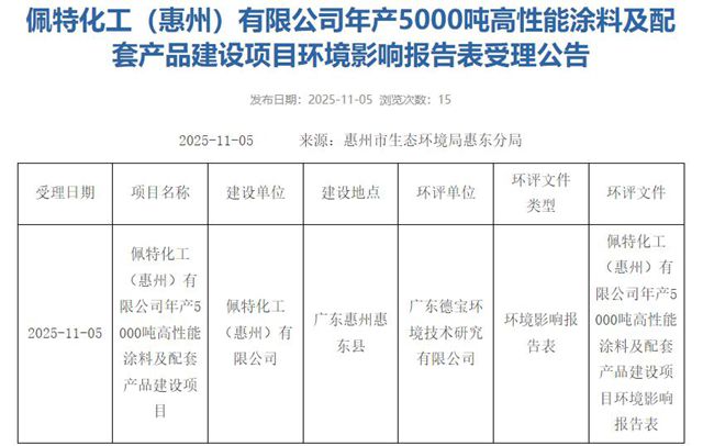 投资1.4亿！佩特化工在华高端涂料项目迎来新进展