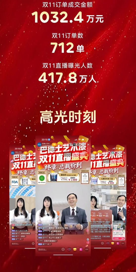 巴德士艺术漆 | 双11「总部引爆+门店联动」直播圆满收官！斩获1032万战绩！
