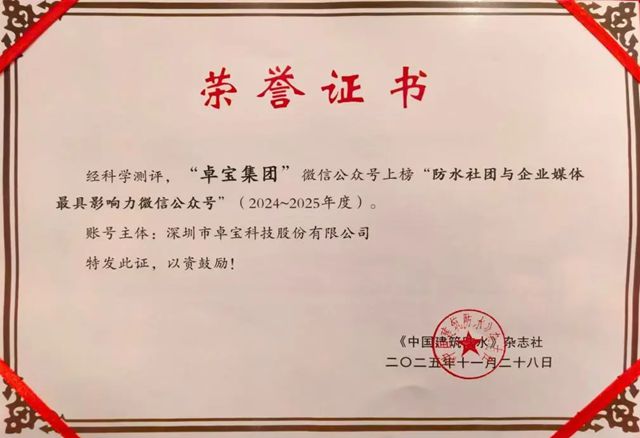 九年蝉联！卓宝集团再获“防水行业最具影响力公众号”称号