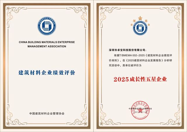连续入选！卓宝科技再获双殊荣——“2025建筑材料行业前500” 及“2025成长性五星企业”称号