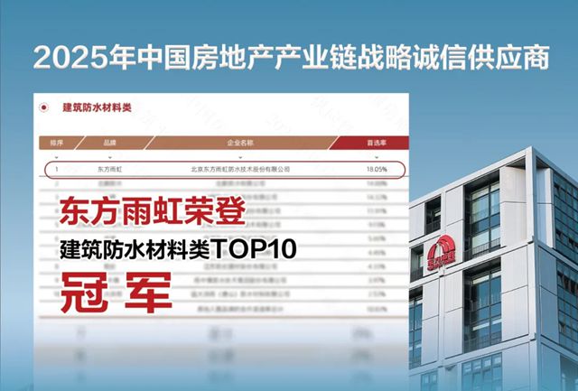 东方雨虹荣登“2025年中国房地产产业链战略诚信供应商·建筑防水材料类TOP10”榜首！