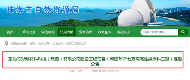 总投资4.3亿！麦加芯彩华南高端涂料基地二期获批