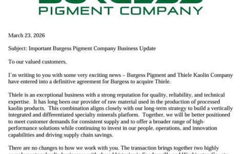 加码涂料市场！Burgess Pigment宣布收购Thiele