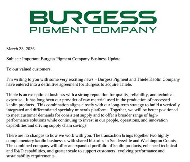 加码涂料市场！Burgess Pigment宣布收购Thiele
