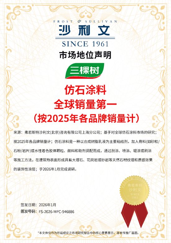 三棵树全球仿石涂料销量第一！