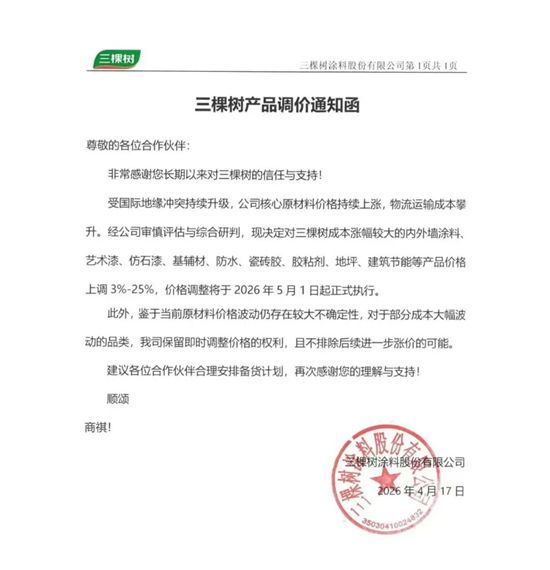 现款优先发货！三棵树/东方雨虹/北新/科顺/凯伦等又涨了 不排除后续再涨价的可能