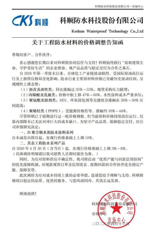 现款优先发货！三棵树/东方雨虹/北新/科顺/凯伦等又涨了 不排除后续再涨价的可能