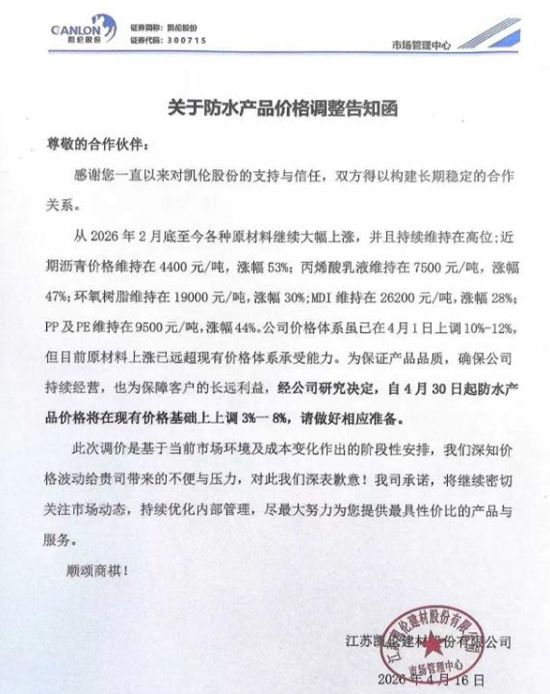 现款优先发货！三棵树/东方雨虹/北新/科顺/凯伦等又涨了 不排除后续再涨价的可能