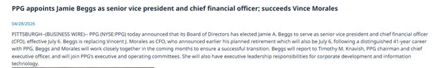 PPG财务大权“易主”：资深女将空降，41年元老退休
