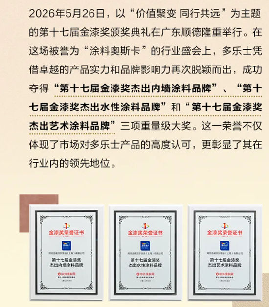 一举揽获金漆奖三项大奖,多乐士实力闪耀“涂料奥斯卡”