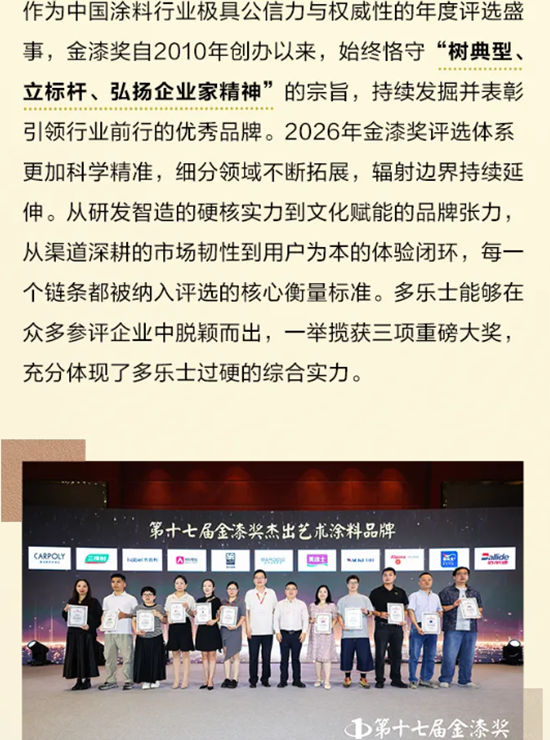 一举揽获金漆奖三项大奖,多乐士实力闪耀“涂料奥斯卡”
