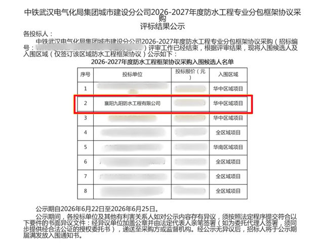 中标+2！九阳防水入围中铁旗下企业年度框架采购、“楚天e采”供应商库