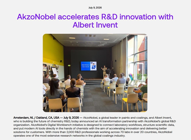 阿克苏诺贝尔与Albert Invent合作，为全球70家实验室接入AI