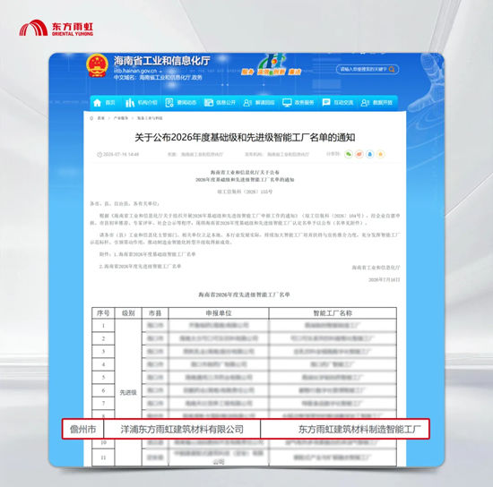 东方雨虹海南洋浦生产研发物流基地获评海南省2026年度先进级智能工厂