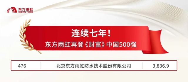 连续七年!东方雨虹再登《财富》中国500强