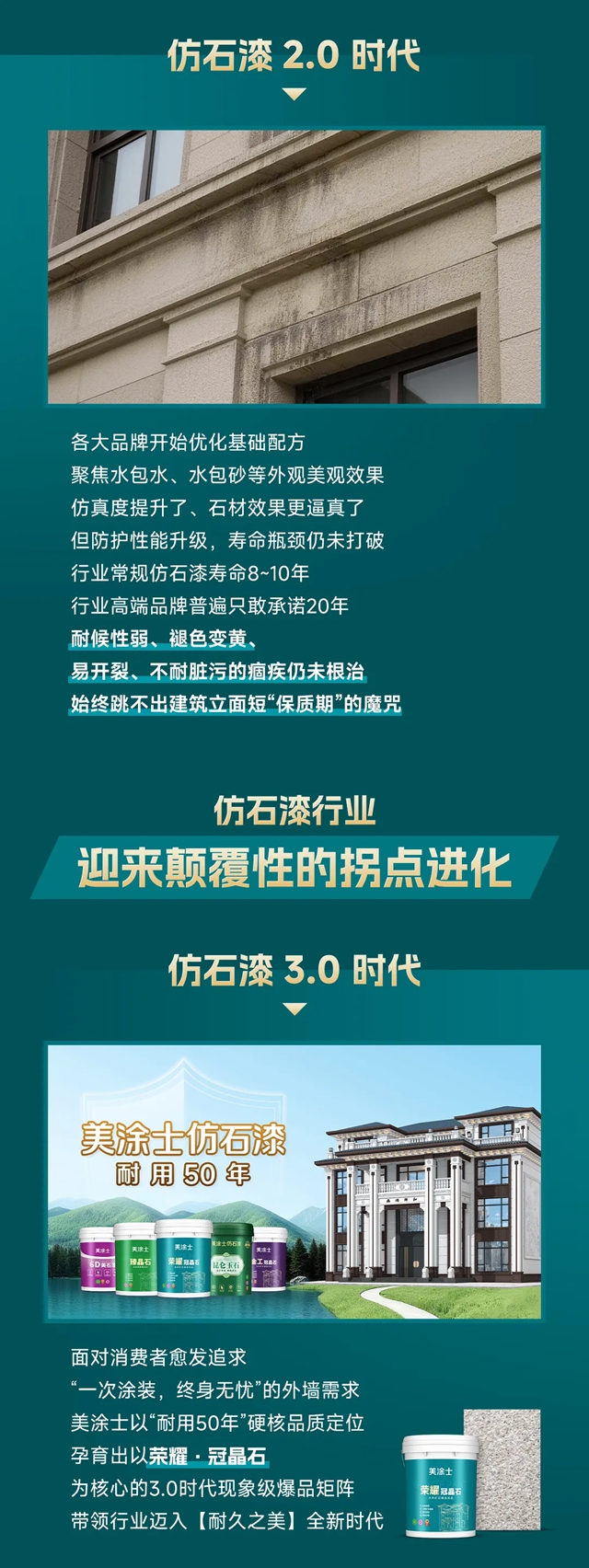 仿石漆3.0时代,美涂士「耐用50年」何以定义好外墙?