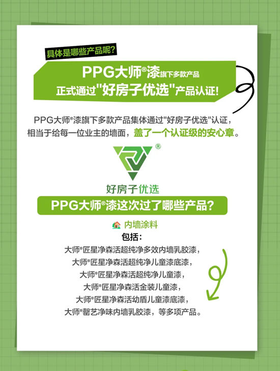 PPG大师®漆旗下多款荣获“好房子优选”产品认证