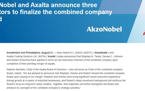 阿克苏诺贝尔与艾仕得合并后 董事会将迎来三位强力外援