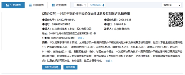 船舶涂料专利公布，东来技术意欲何为？