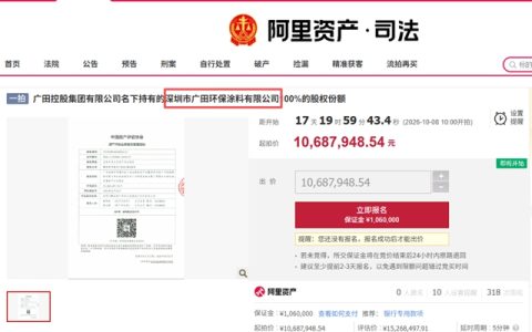 起拍1068万，负债1.64亿！广田环保涂料100%股权被拍卖
