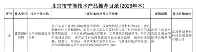 富思特自洁型辐射致冷涂料入选《北京市节能技术产品推荐目录》