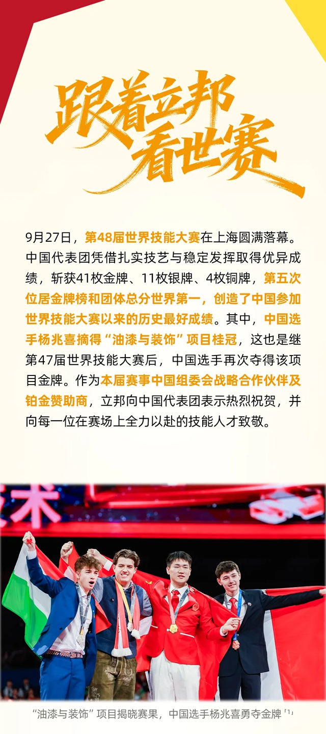 立邦祝贺中国选手在第48届世界技能大赛中蝉联“油漆与装饰”项目冠军！