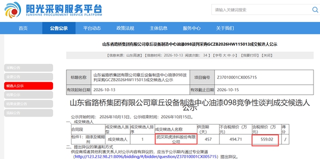 559万！双虎涂料入围山东路桥油漆采购大单
