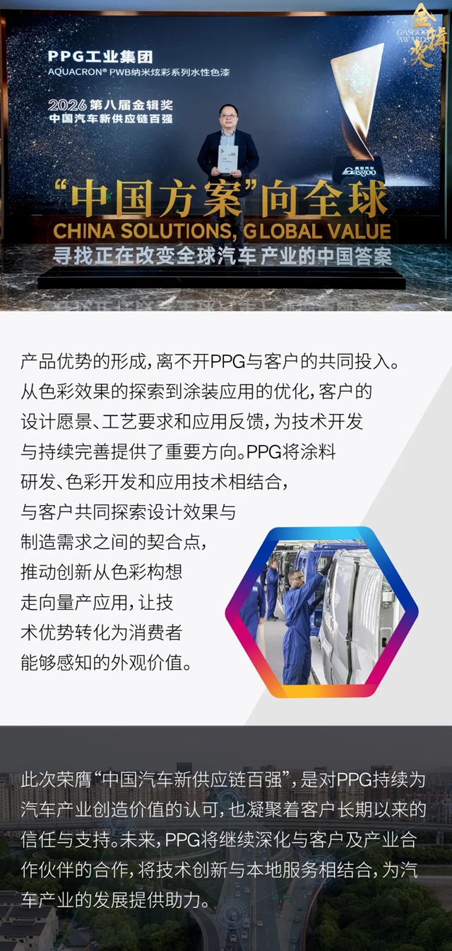 PPG荣膺2026金辑奖“中国汽车新供应链百强”